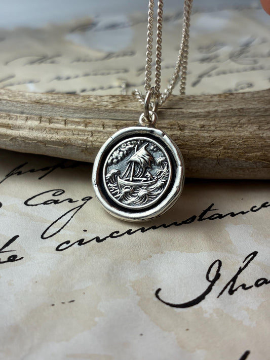 Stormy Sea Boat Pendant – Nautical Wax Seal Necklace – Handmade Silver Talisman – Symbol of Strength, Journey & Faith Original Design LT149