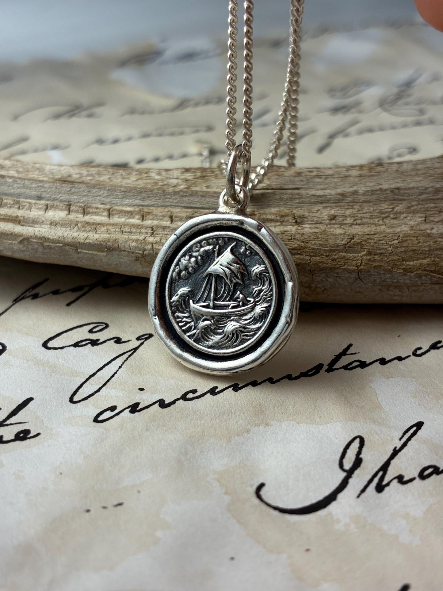 Stormy Sea Boat Pendant – Nautical Wax Seal Necklace – Handmade Silver Talisman – Symbol of Strength, Journey & Faith Original Design LT149