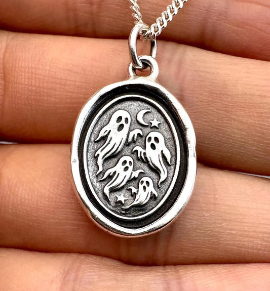 Dancing Ghosts Solid Silver Pendant: Handmade Halloween Wax Seal Talisman, Liliane Ting Design
