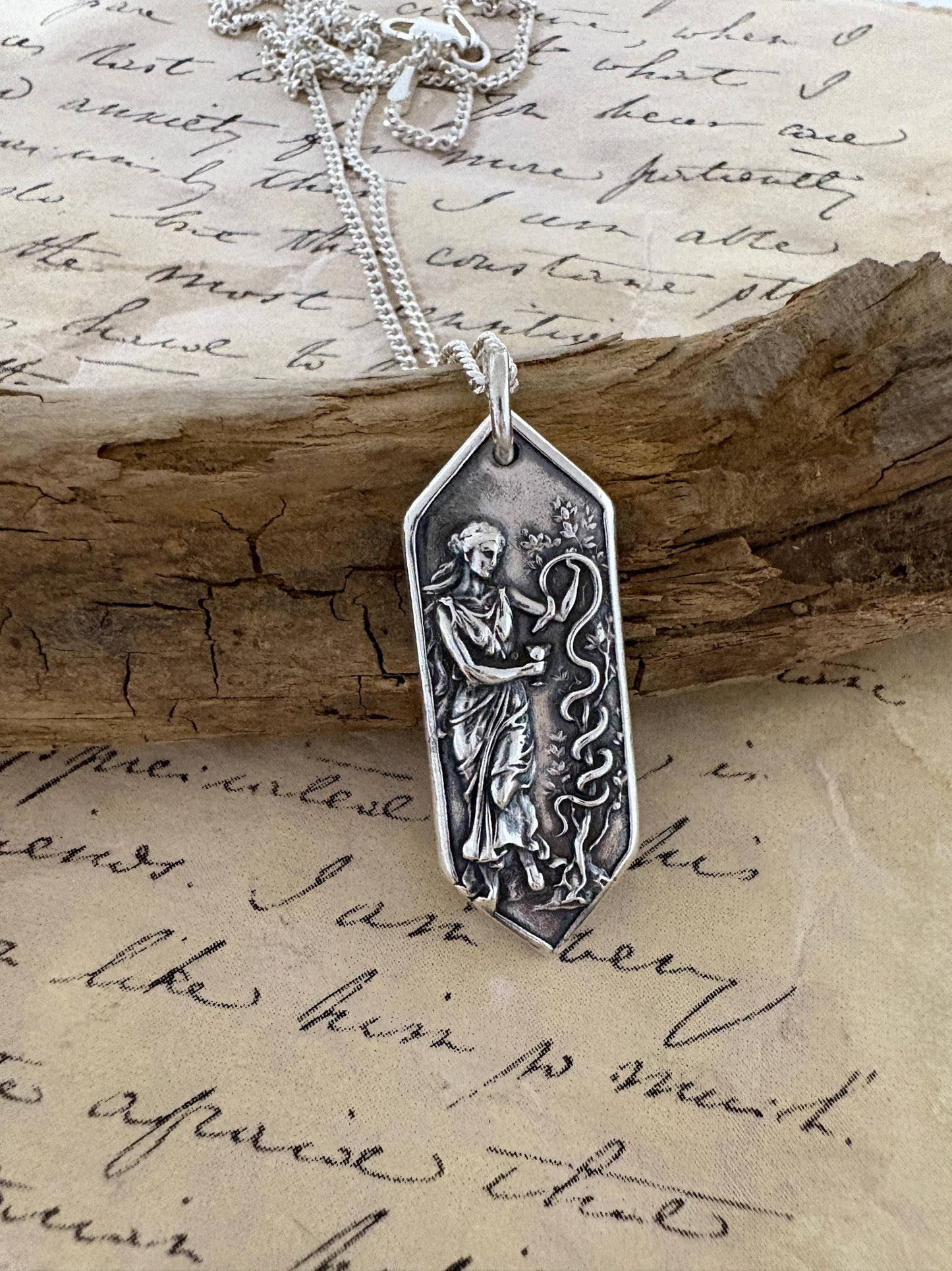 Hygieia Goddess Silver Pendant – Ancient Greek Healing Goddess Necklace Wax Seal Talisman, Intaglio, Original Design Liliane Ting LT0143