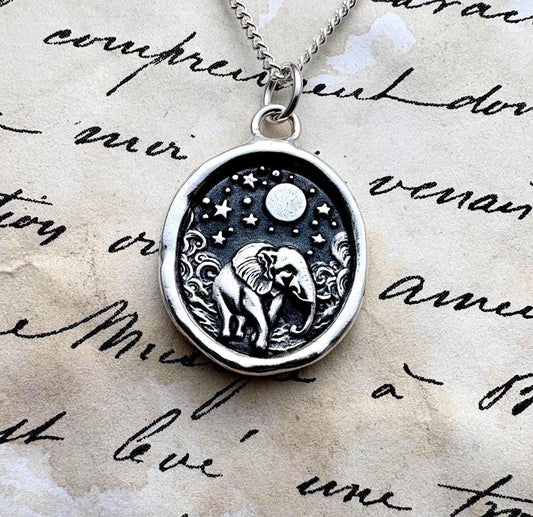 Elephant Moonlit Night Pendant • Handmade Silver Wax Seal Necklace • Symbol of Strength, Wisdom & Serenity • Original Design by Liliane Ting