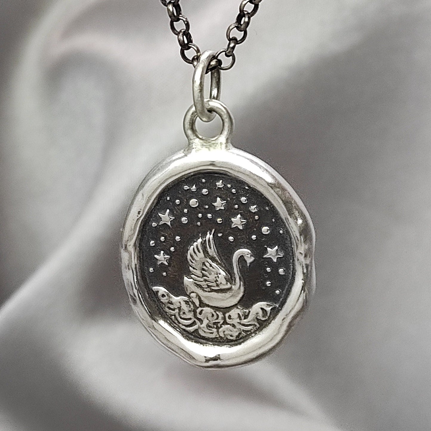 Swan Star Celestial Wax Seal Necklace Pendant, Handmade Silver Talisman, Intaglio Seal Heirloom, Original Design Liliane Ting LT037