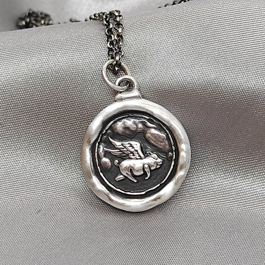 Flying Pig Pendant, Achieve Wax Seal Necklace, Handmade Silver Charm, Intaglio Seal Heirloom Original Design Liliane Ting LT022
