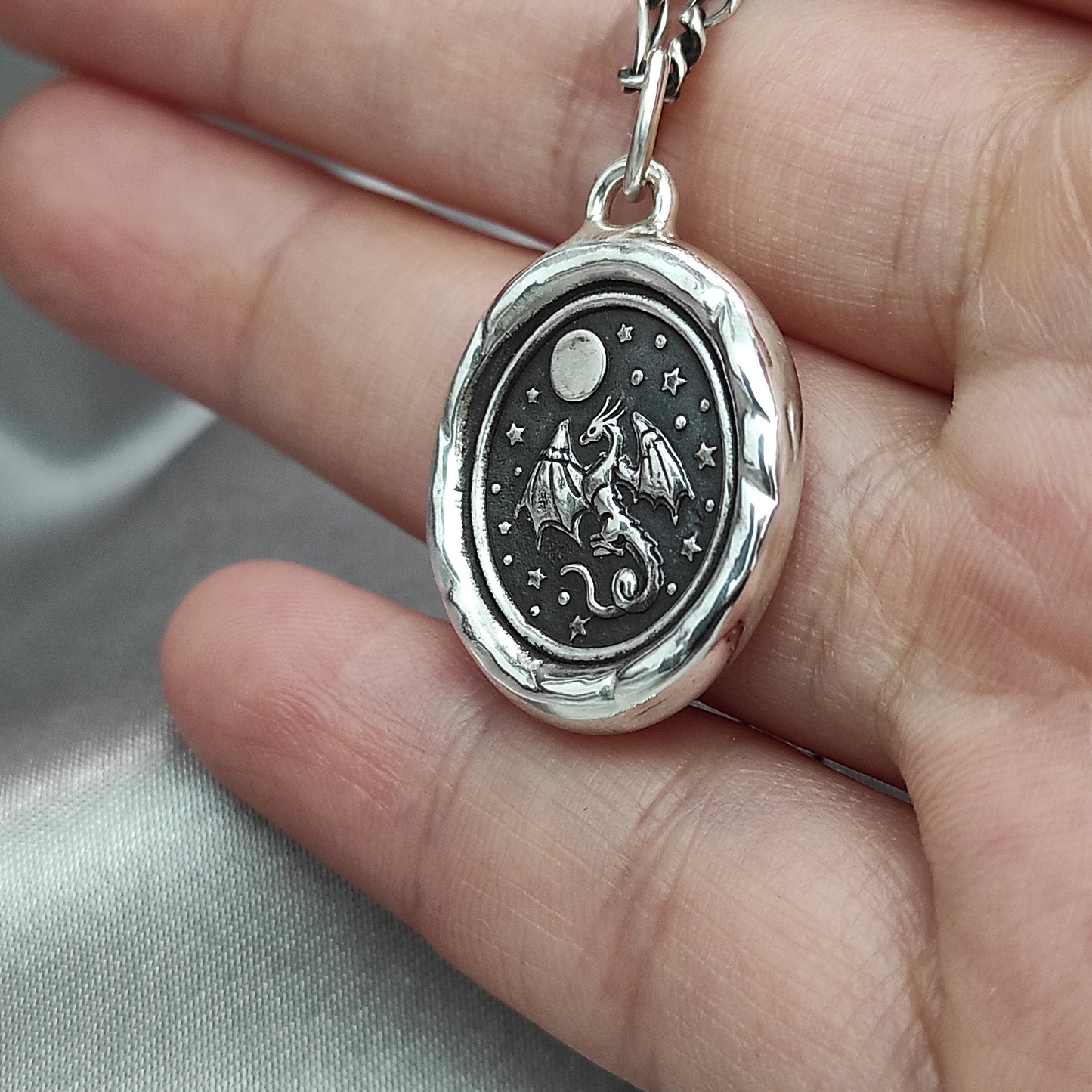 Dragon Celestial Star Moon Wax Seal Necklace Pendant, Handmade Silver Talisman, Intaglio Seal Heirloom, Original Design LT083