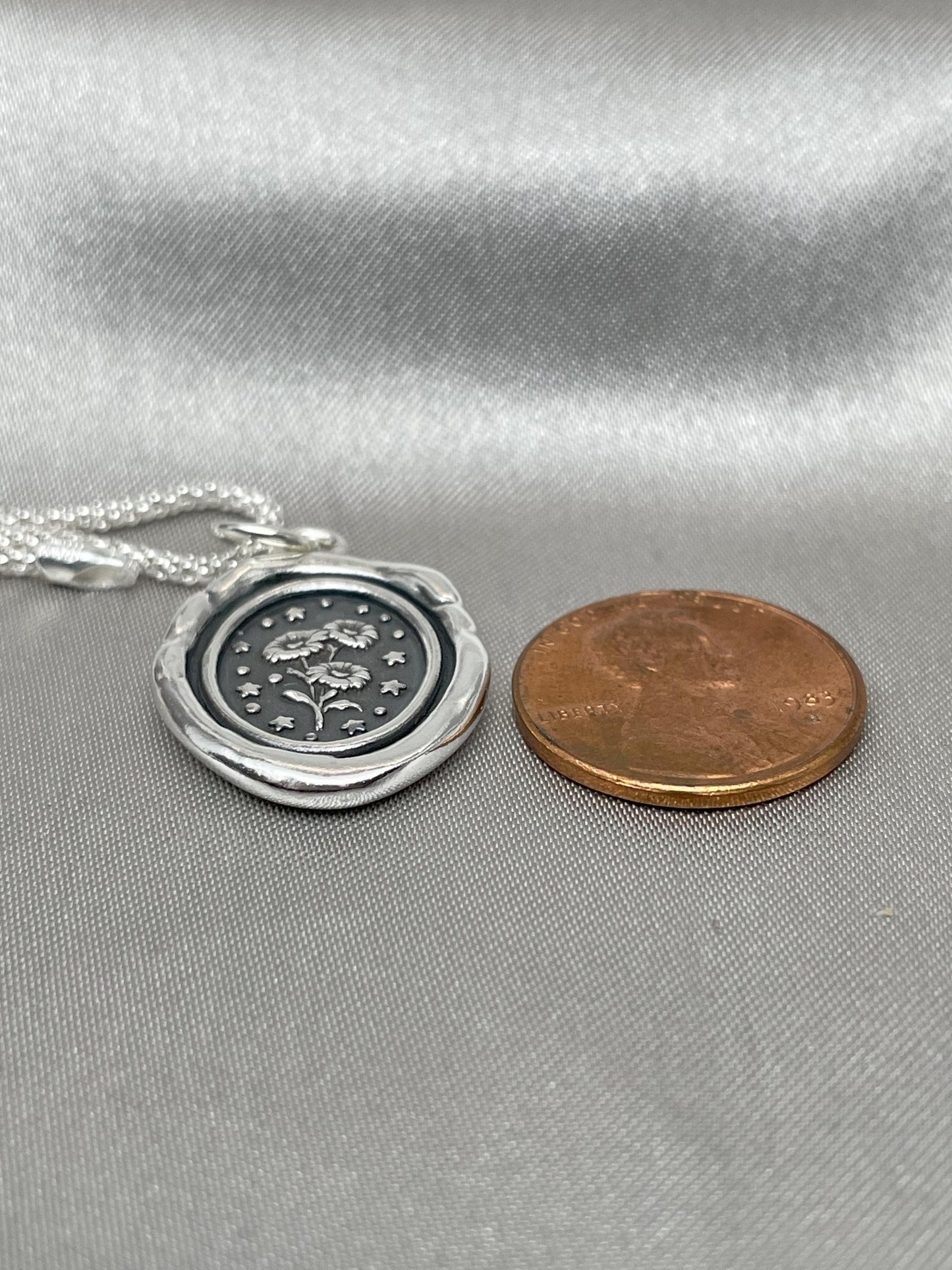 Daisy Flower Necklace, Celestial Star Wax Seal Pendant, Handmade Silver Talisman, Intaglio Seal Heirloom, Original Design LT089