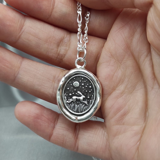 Rabbit Bunny Celestial Star Night Wax Seal Necklace Pendant, Handmade Silver Talisman, Intaglio Seal Heirloom, Original Design Liliane Ting