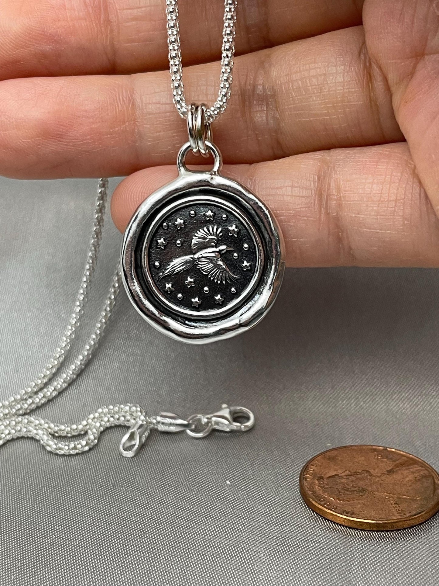Soaring Bird Celestial Star Wax Seal Necklace Pendant, Handmade Silver Talisman, Intaglio Seal Heirloom, Original Design LT091