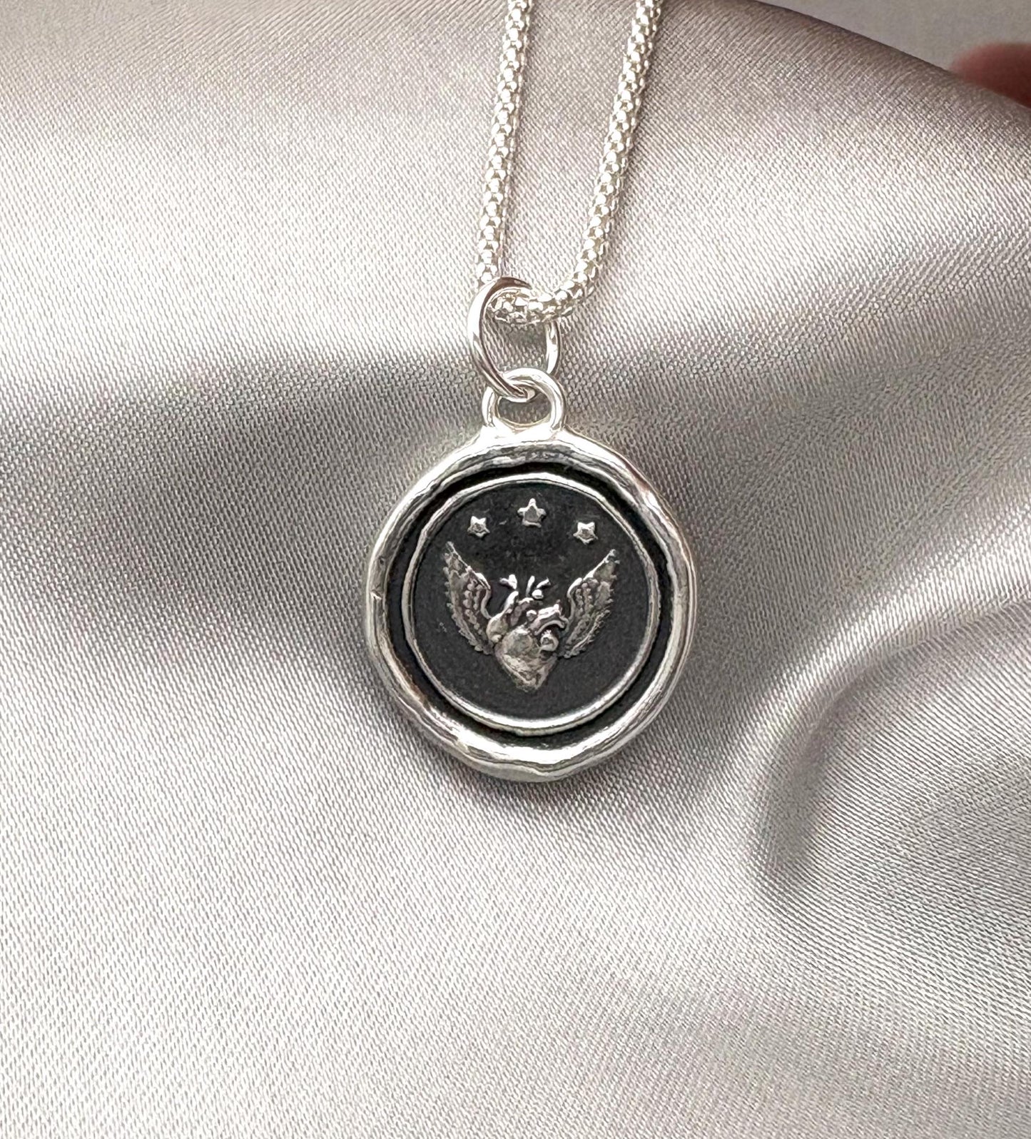 Heart & Wings Celestial Artisan Wax Seal Necklace Pendant, Handmade Silver Talisman, Intaglio Seal Heirloom, Original Design LT Studio