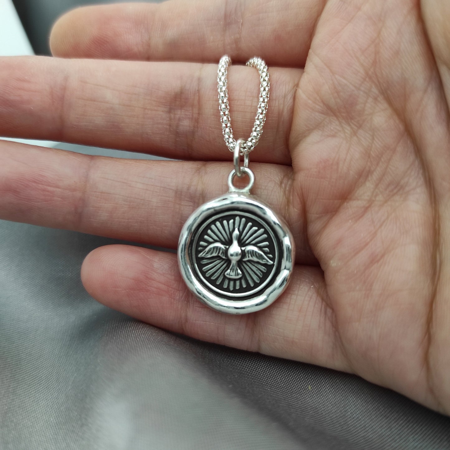 Bird Radiant Soaring Light Wax Seal Necklace Pendant, Handmade Silver Talisman, Intaglio Seal Heirloom, Original Design Liliane Ting 076