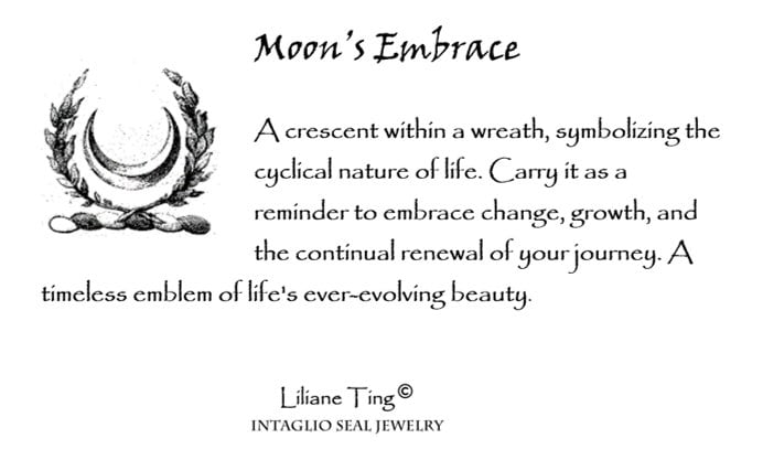 Crescent Moon and Wreath Wax Seal Necklace – Handmade Silver Intaglio Pendant, Heirloom Design by Liliane Ting, LT003