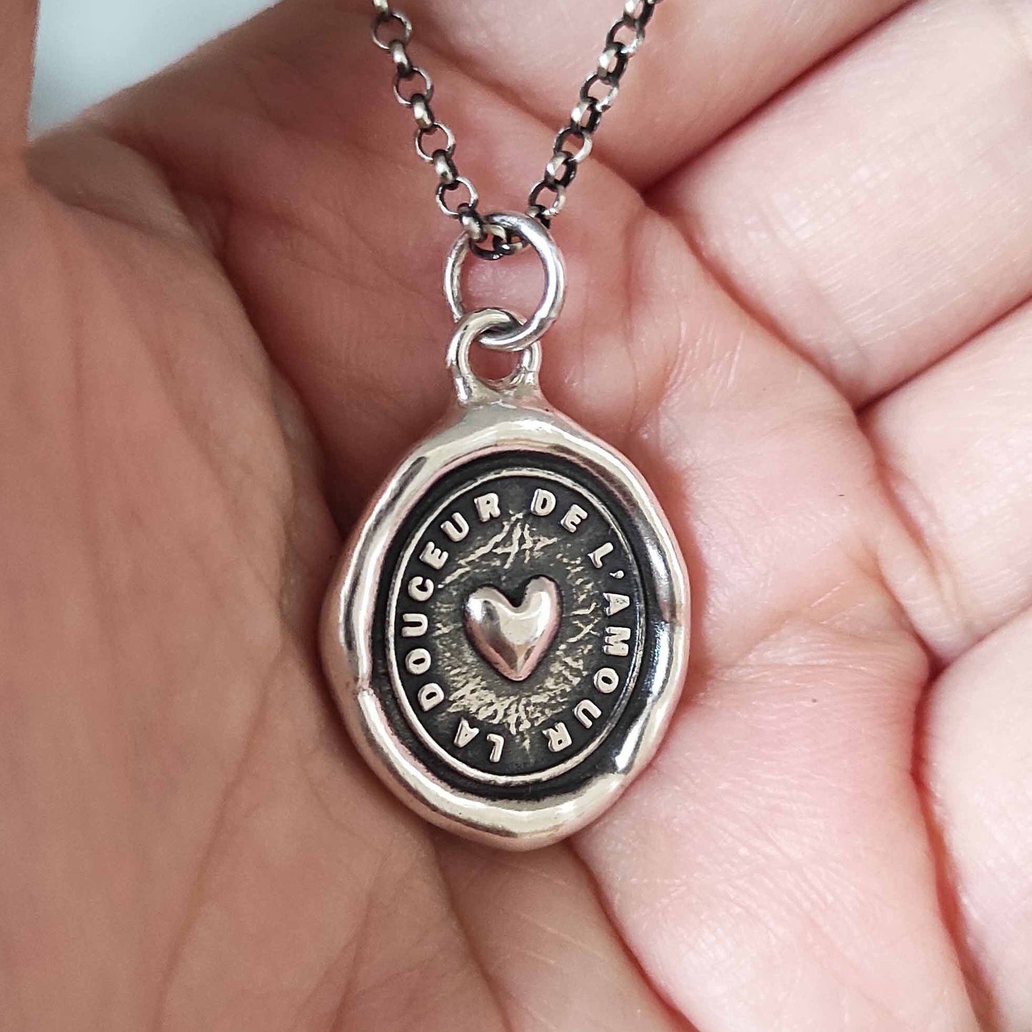 Heart Love Necklace, Wax Seal Silver Pendant, Handmade Silver Talisman, Intaglio Seal Heirloom, French Motto LT009