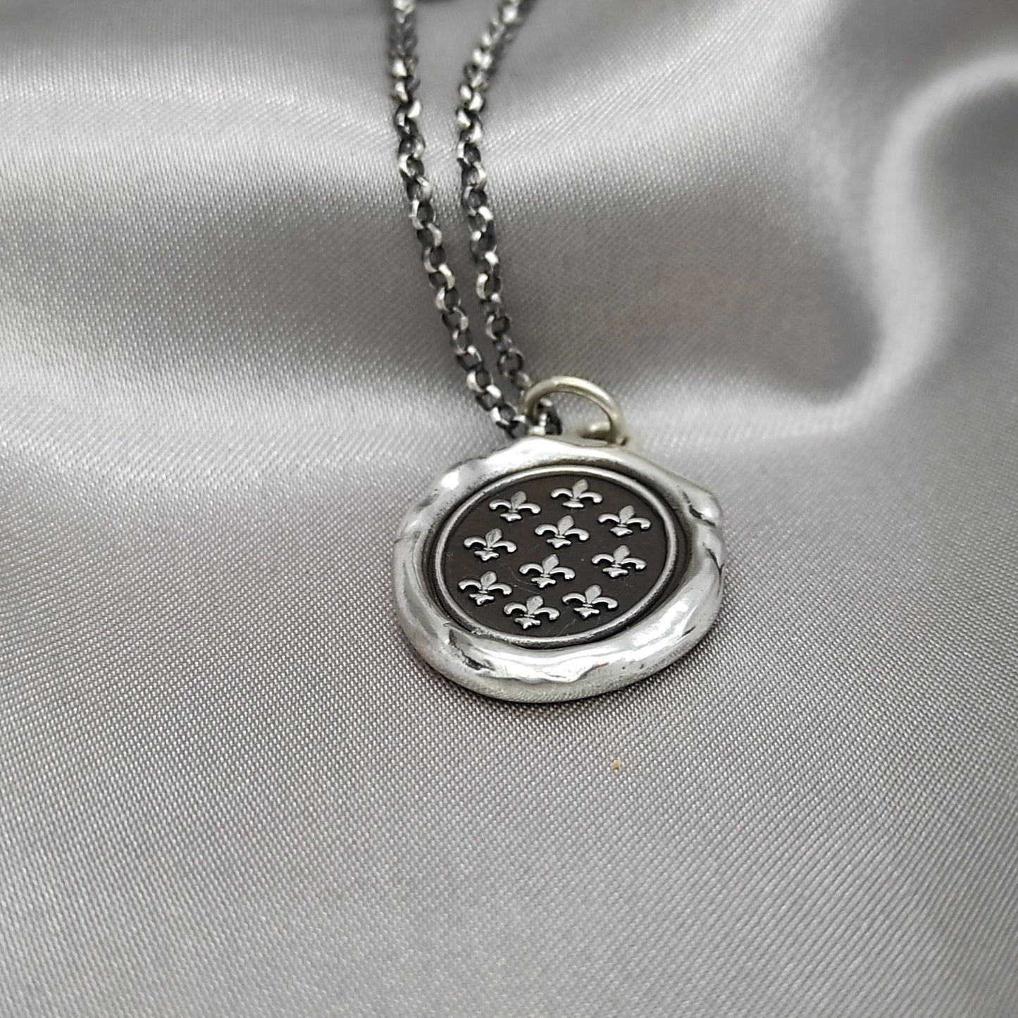 Silver Fleur-de-lis Pendant, Wax Seal Necklace, Handmade Silver Charm, Intaglio Seal Heirloom, Original Design Liliane Ting LT053