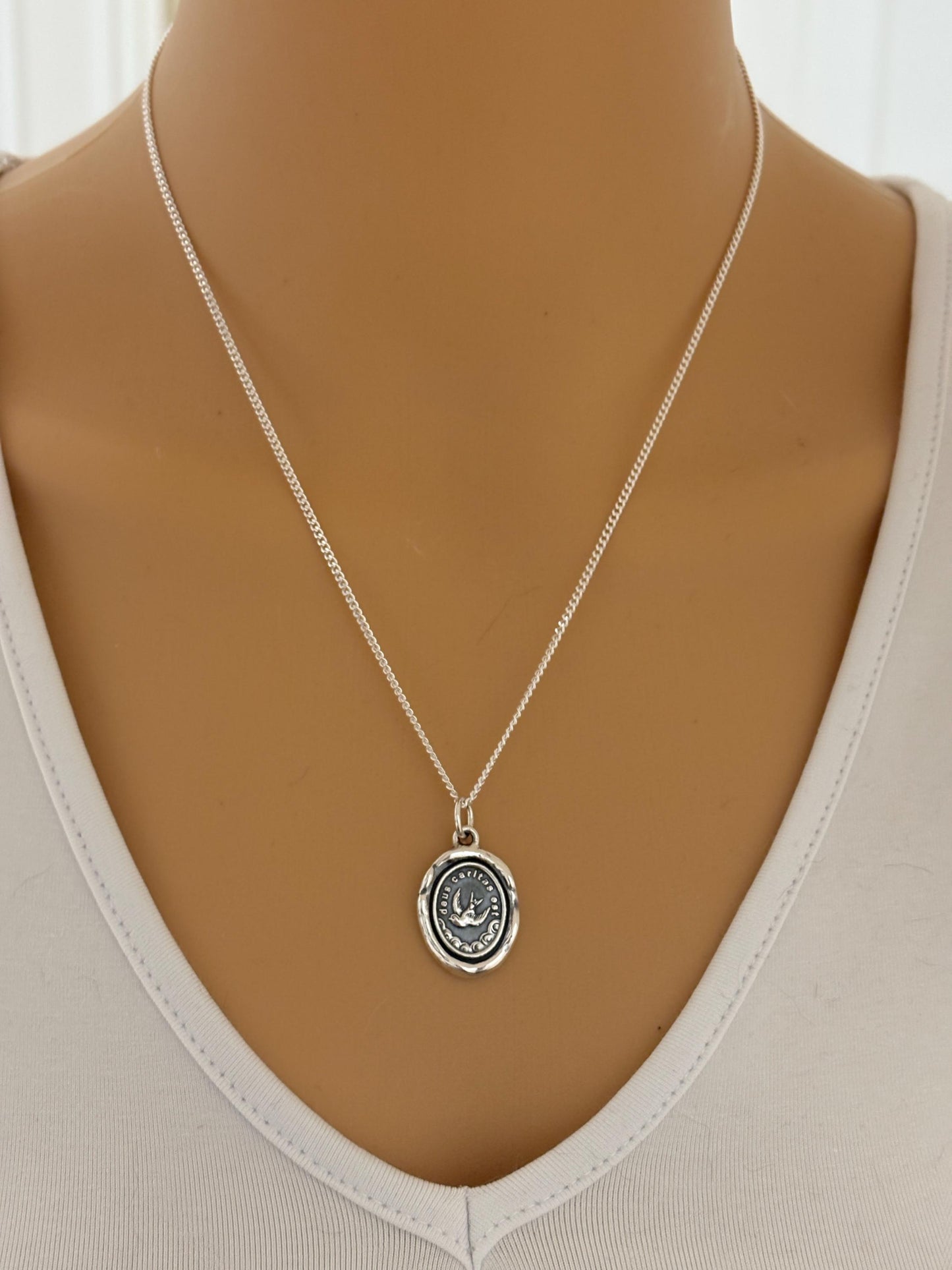 Dove Pendant Wax Seal Silver Charm  – "Deus Caritas Est" Christian Necklace – God is Love Jewelry Original Design LT148