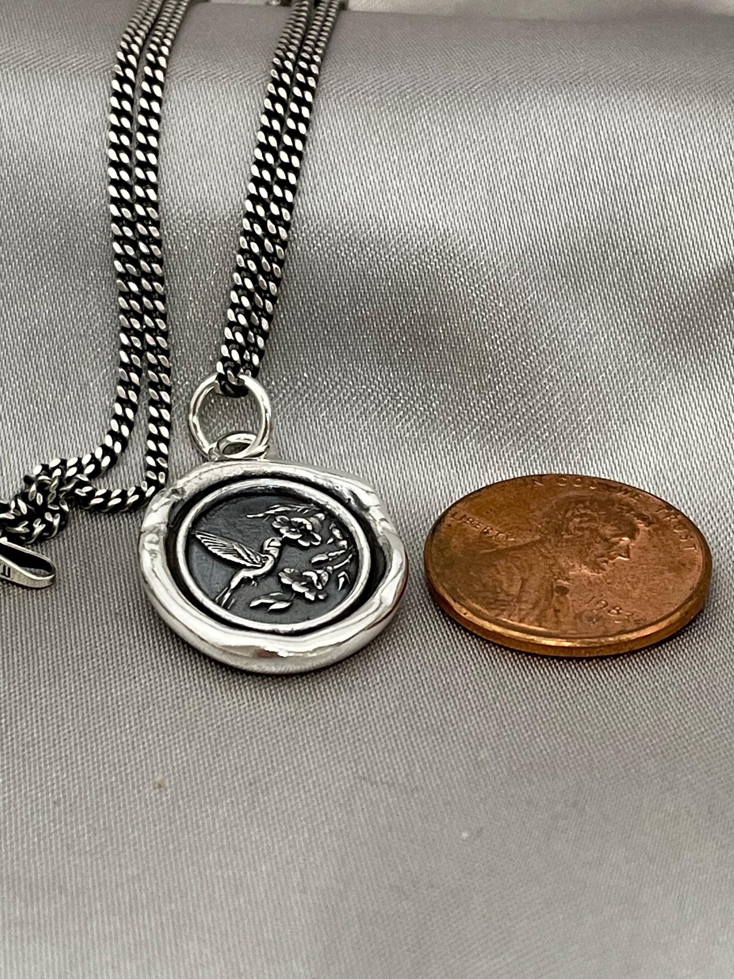 Hummingbird Flower Celestial Wax Seal Necklace Pendant, Handmade Solid Silver Talisman, Intaglio Seal Heirloom, Original Design LT093