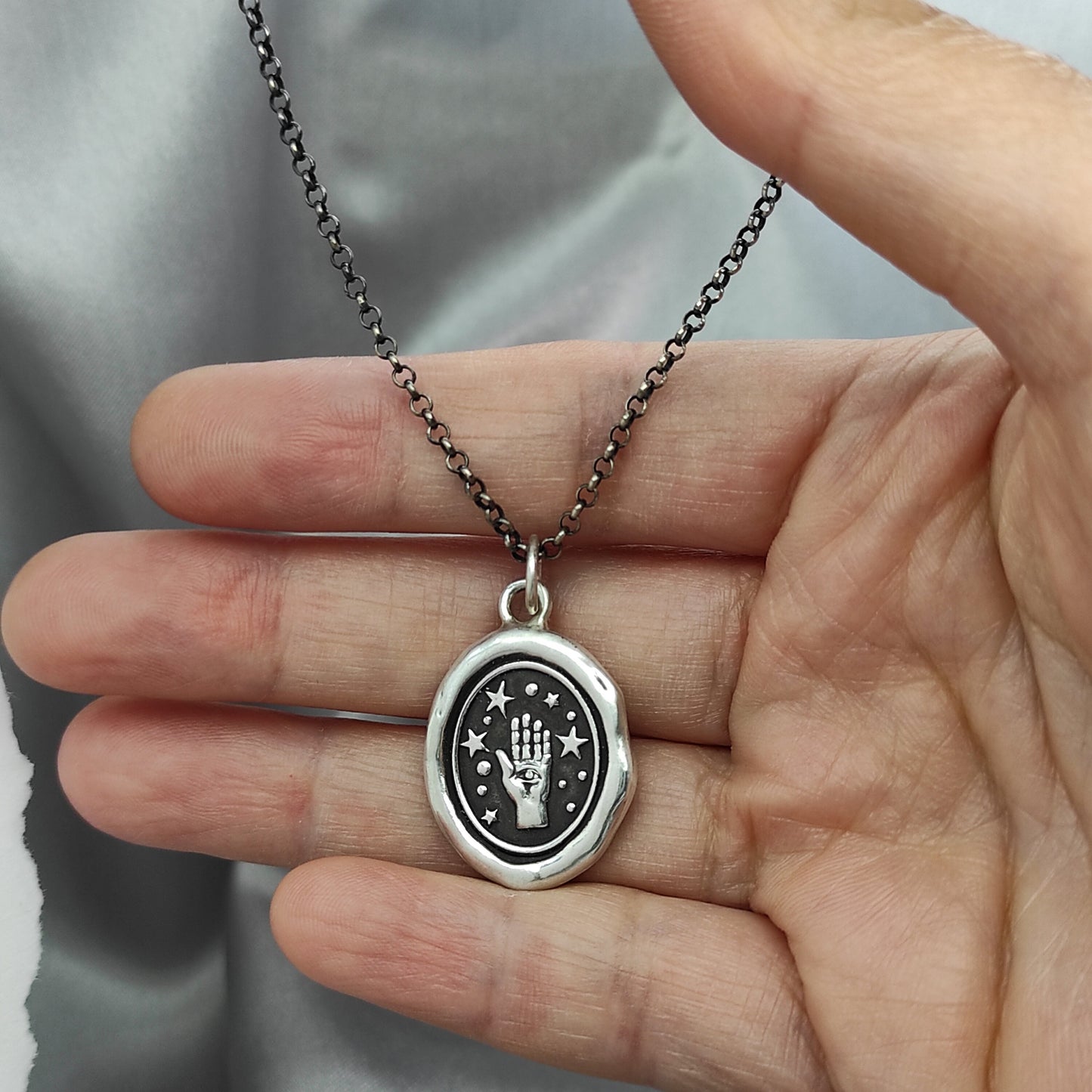 Magic Hand Star Celestial Wax Seal Necklace Pendant, Handmade Silver Talisman, Intaglio Seal Heirloom, Original Design Liliane Ting LT028