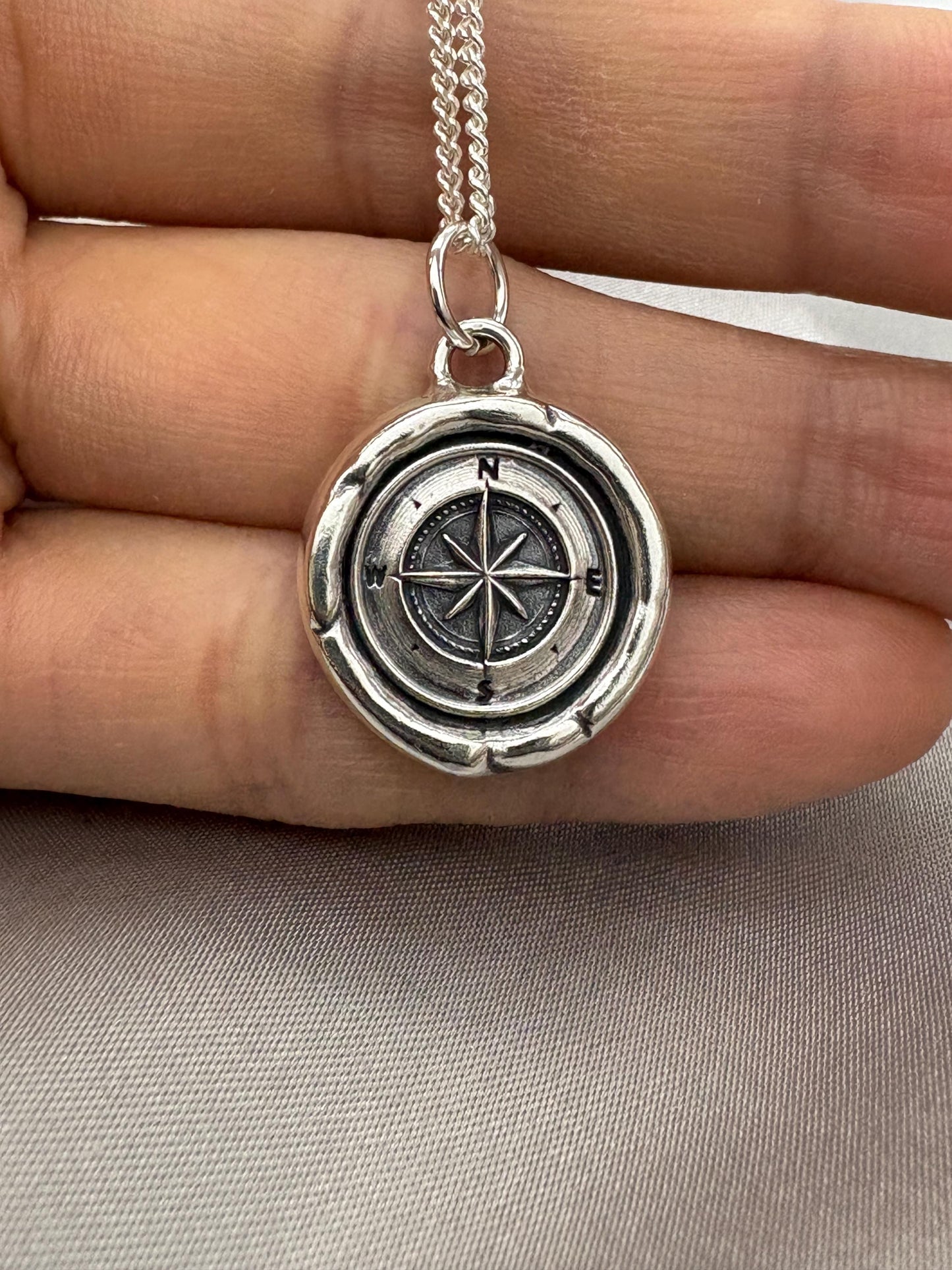 Compass Pendant Wax Seal Handmade Silver Talisman Necklace, Intaglio Seal Heirloom, Original Design by Liliane Ting