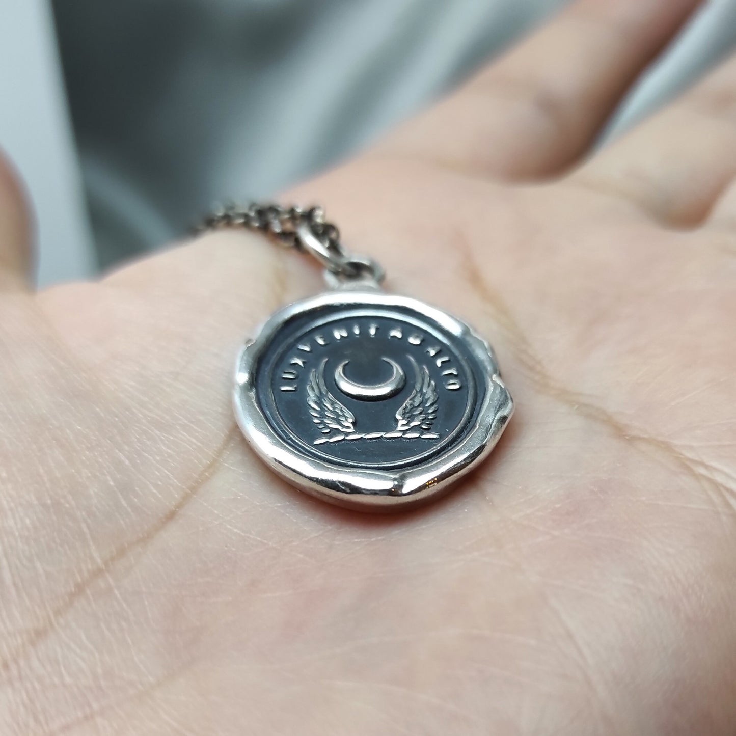 Wing Crescent Moon Celestial Wax Seal Necklace Pendant, Handmade Silver Talisman, Heirloom, Original Design Liliane Ting LT039