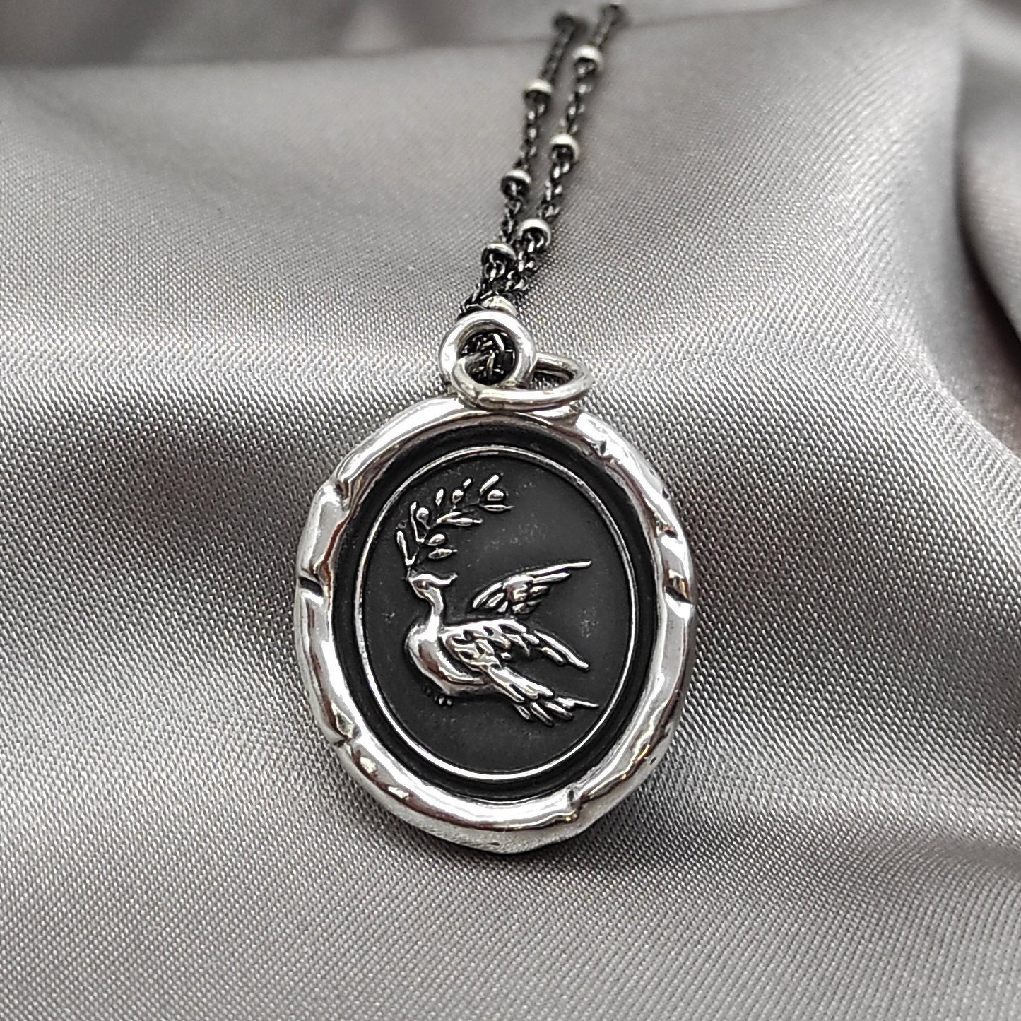 Dove Olive Pendant, Wax Seal Bird Necklace, Handmade Silver Charm, Intaglio Seal Heirloom, Original Design Liliane Ting Studio LT057