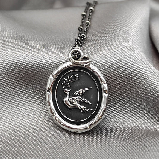 Dove Olive Pendant, Wax Seal Bird Necklace, Handmade Silver Charm, Intaglio Seal Heirloom, Original Design Liliane Ting Studio LT057