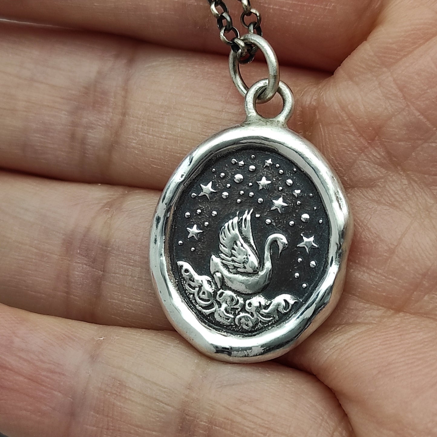Swan Star Celestial Wax Seal Necklace Pendant, Handmade Silver Talisman, Intaglio Seal Heirloom, Original Design Liliane Ting LT037