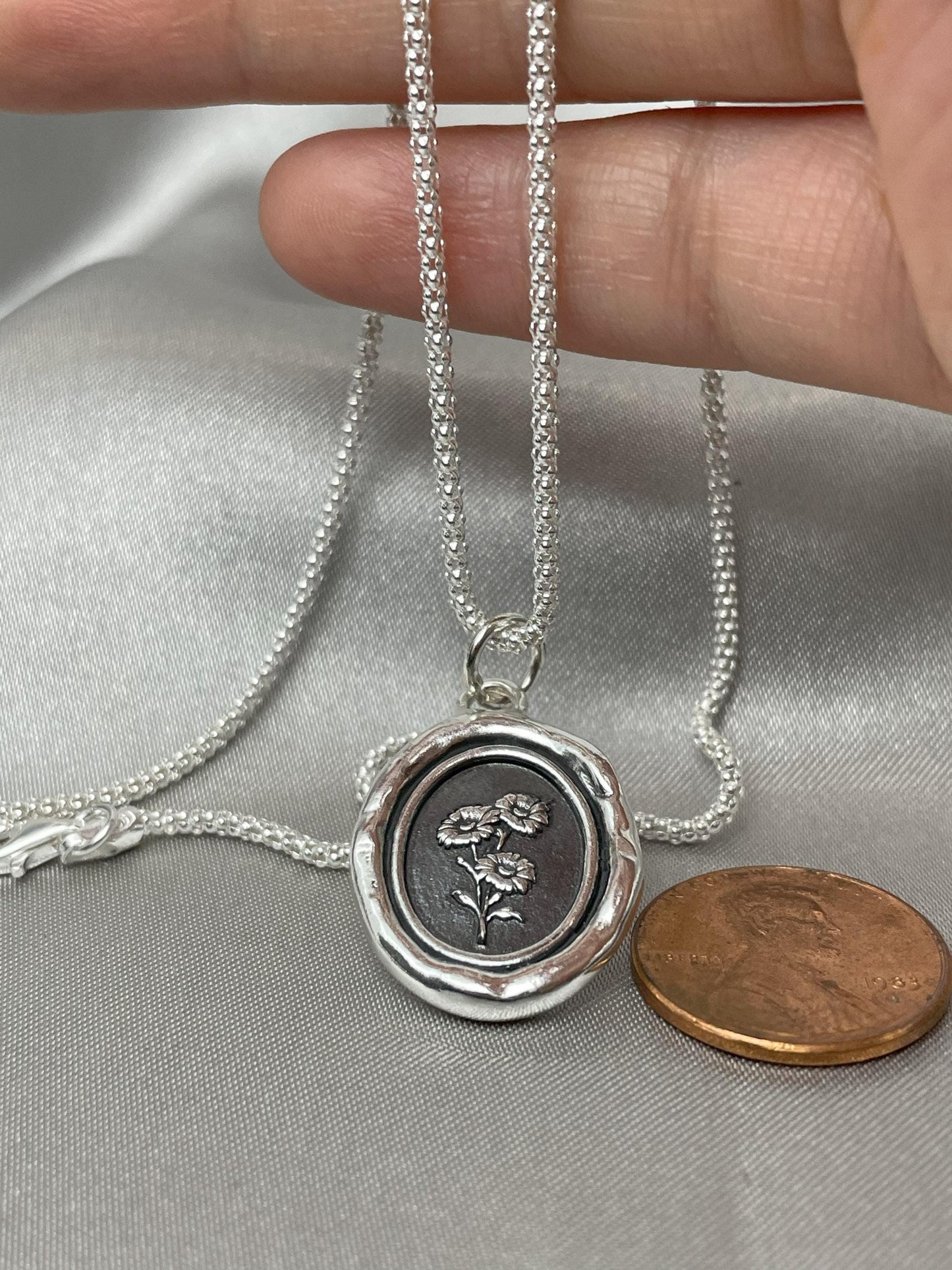 Silver Daisy Pendant, Flower Wax Seal Necklace, Handmade Silver Charm, Intaglio Seal Heirloom, Original Design LT090