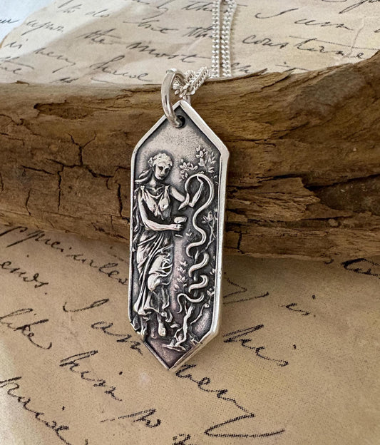 Hygieia Goddess Silver Pendant – Ancient Greek Healing Goddess Necklace Wax Seal Talisman, Intaglio, Original Design Liliane Ting LT0143
