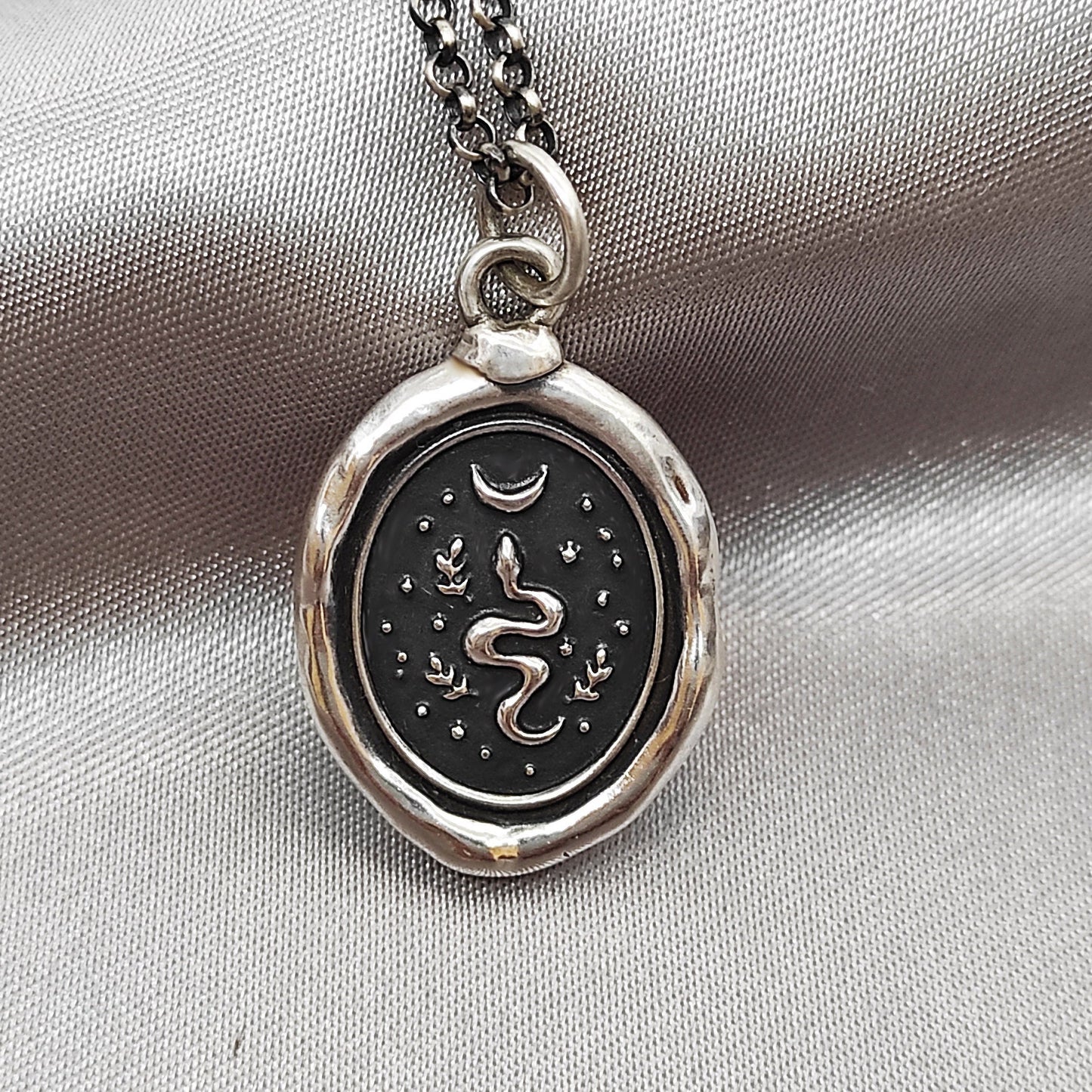 Snake Necklace, Celestial Moon Wax Seal Pendant, Handmade Silver Talisman, Intaglio Seal Heirloom Original Design Liliane Ting LT025