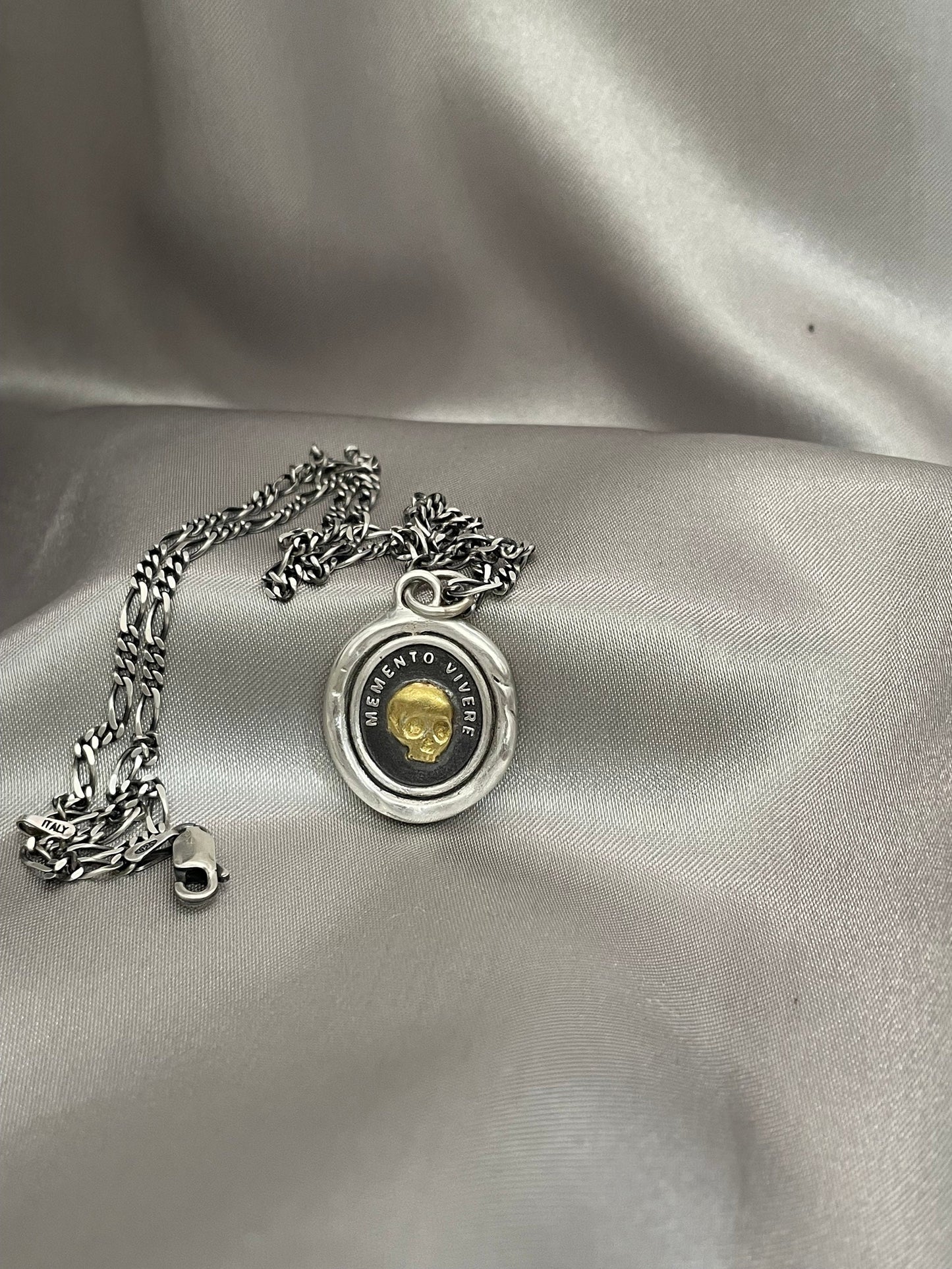 Skull Pendant, Wax Seal Necklace , 22K Gold Overlay Fine Silver, Handmade, Intaglio Seal Heirloom, Original Design Liliane Ting Studio LT081