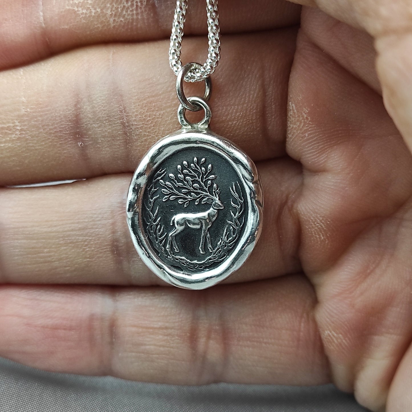 Woodland Deer Necklace, Wax Seal Pendant, Handmade Silver Talisman, Intaglio Seal Heirloom, Original Design Liliane Ting LT043