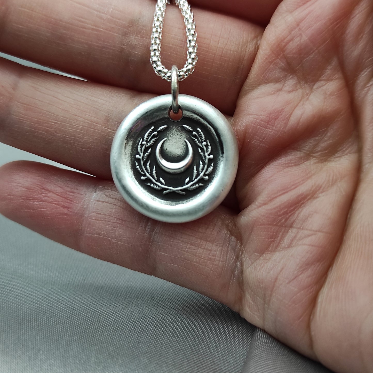 Crescent Moon and Wreath Wax Seal Necklace – Handmade Silver Intaglio Pendant, Heirloom Design by Liliane Ting, LT003