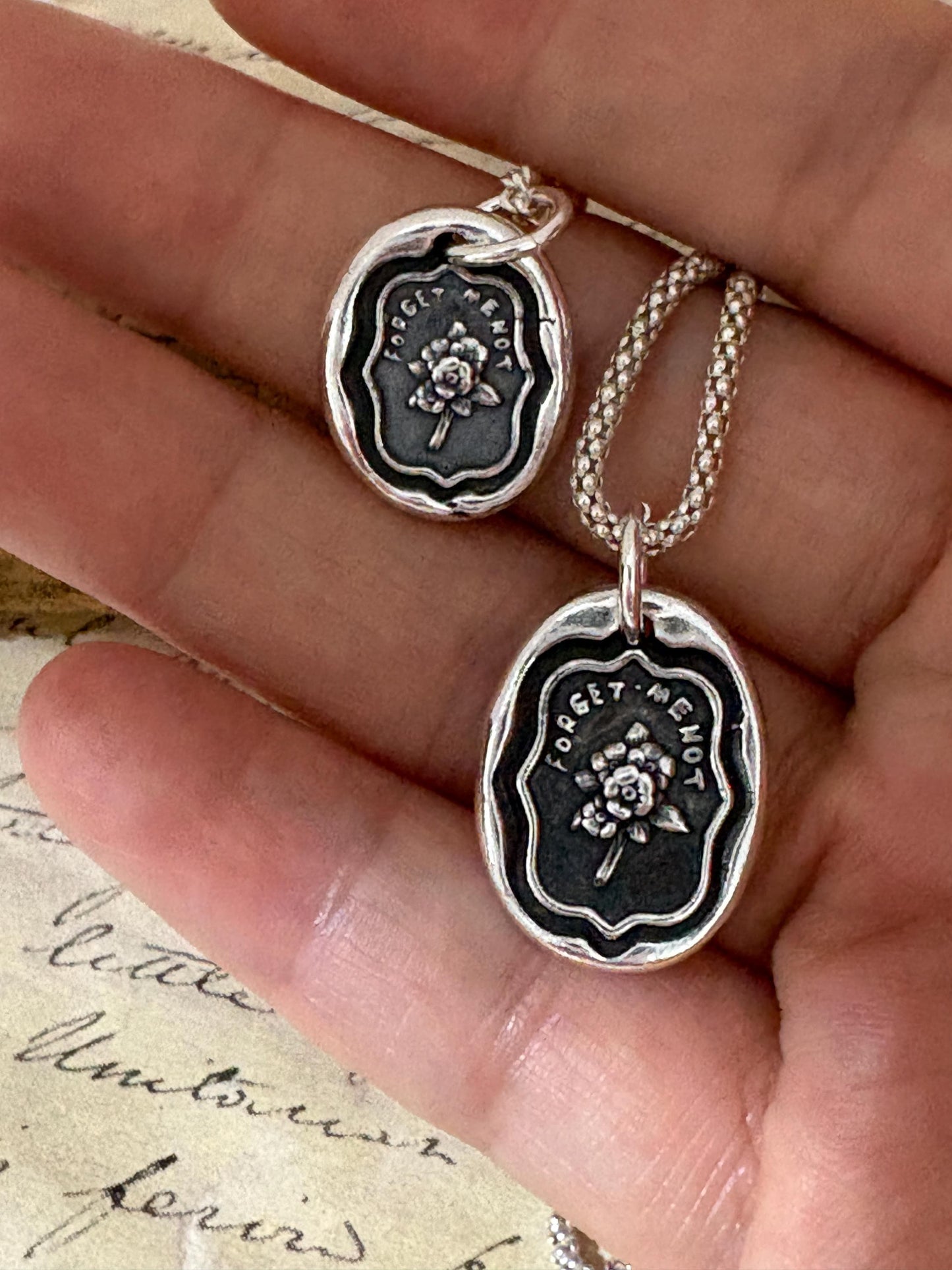 Forget me Not - Flower Wax Seal Necklace, Handmade Silver Charm, Intaglio Seal Heirloom, Original Design LT 0145