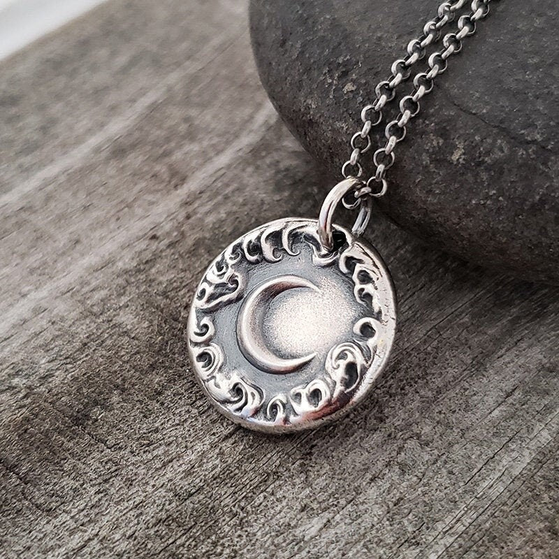 Crescent New Moon Cloud Pendant, Wax Seal Necklace, Handmade Silver Charm, Original Design by Liliane Ting LT059