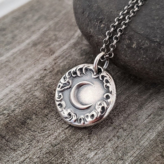 Crescent New Moon Cloud Pendant, Wax Seal Necklace, Handmade Silver Charm, Original Design by Liliane Ting LT059