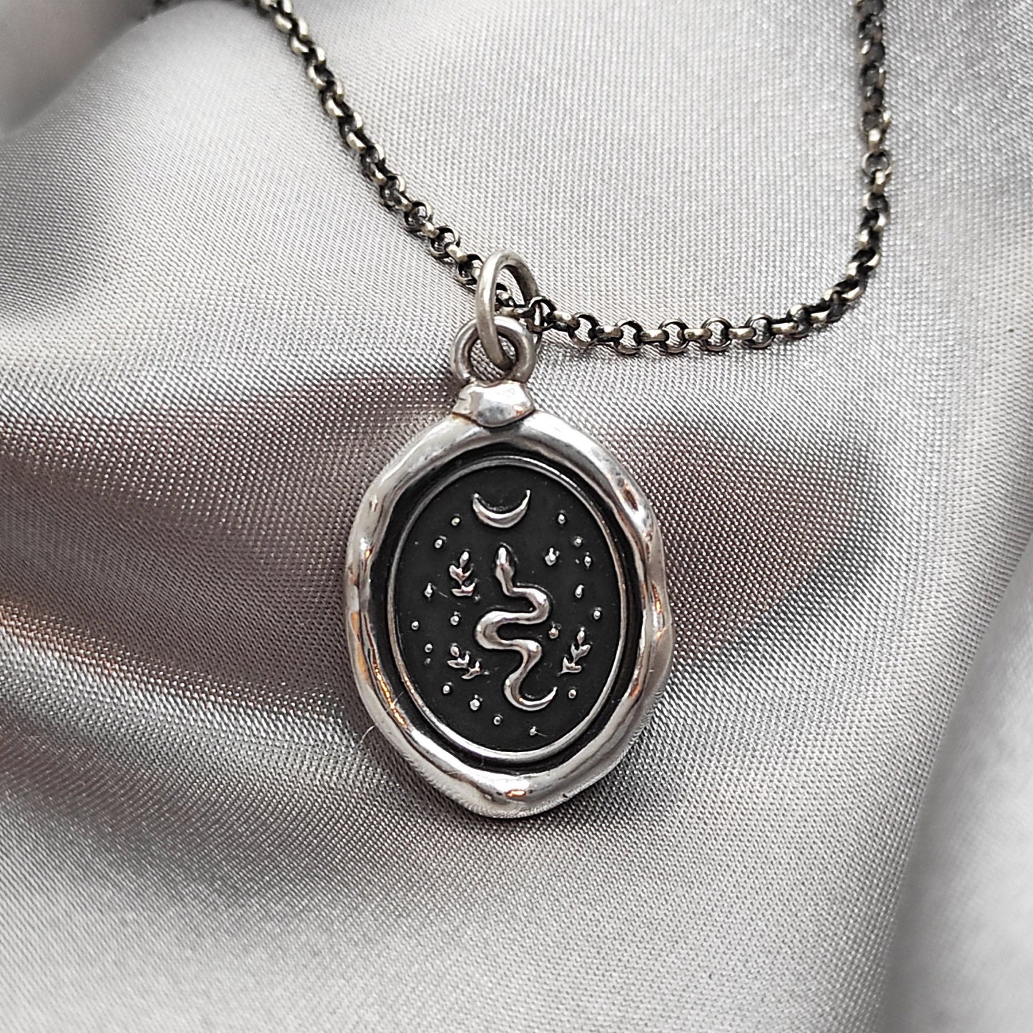 Snake Necklace, Celestial Moon Wax Seal Pendant, Handmade Silver Talisman, Intaglio Seal Heirloom Original Design Liliane Ting LT025