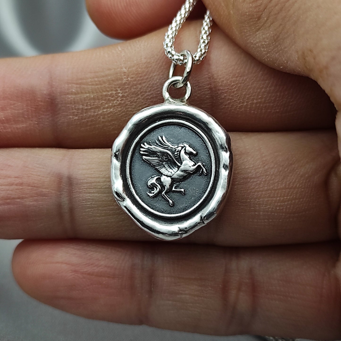 Pegasus - Flying Horse - Celestial - Wax Seal Necklace Pendant, Handmade Silver Talisman, Heirloom, Original Design Liliane Ting LT051