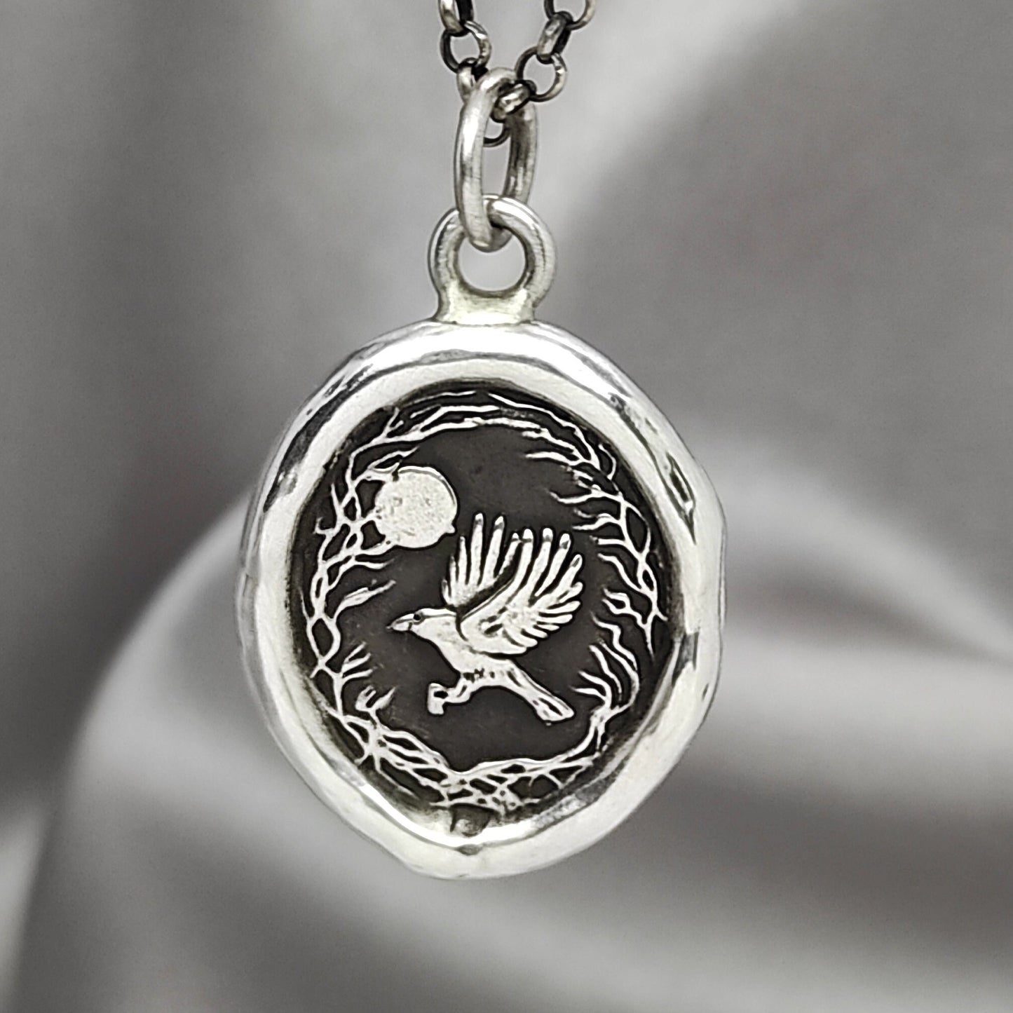 Woodland Crow Wax Seal Necklace Pendant, Handmade Silver Talisman, Intaglio Seal Heirloom, Original Design Liliane Ting LT024