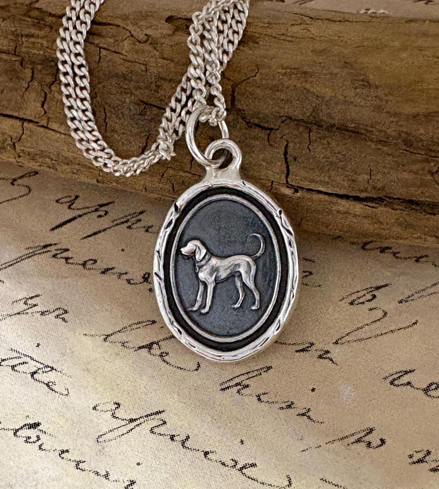Loyal Hound Dog- Handmade Silver Wax Seal Flower Necklace Pendant, Intaglio Seal Heirloom, Original Design by Liliane Ting LT146