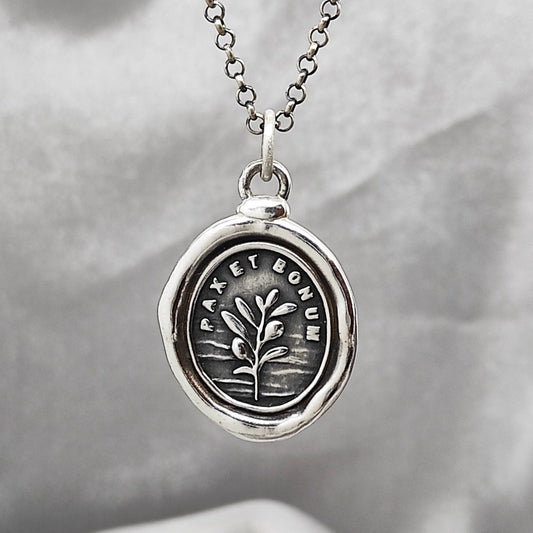 Olive Branch Pendant- Peace - Wax Seal Necklace Necklace, Handmade Silver Charm, Intaglio Seal Heirloom Original Design LT012