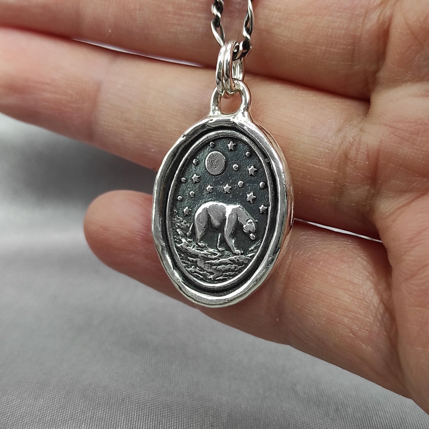 Polar Bear Necklace, Wax Seal Celestial Star Night Pendant, Handmade Silver Talisman, Intaglio Seal Heirloom, Original Design LT088