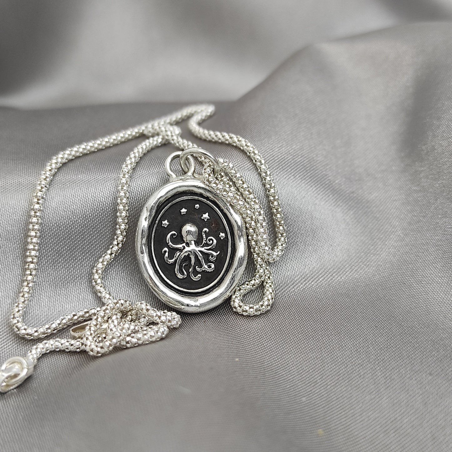 Octopus Necklace, Celestial Wax Seal Pendant, Handmade Silver Talisman, Intaglio Seal Heirloom, Original Design Liliane Ting 075
