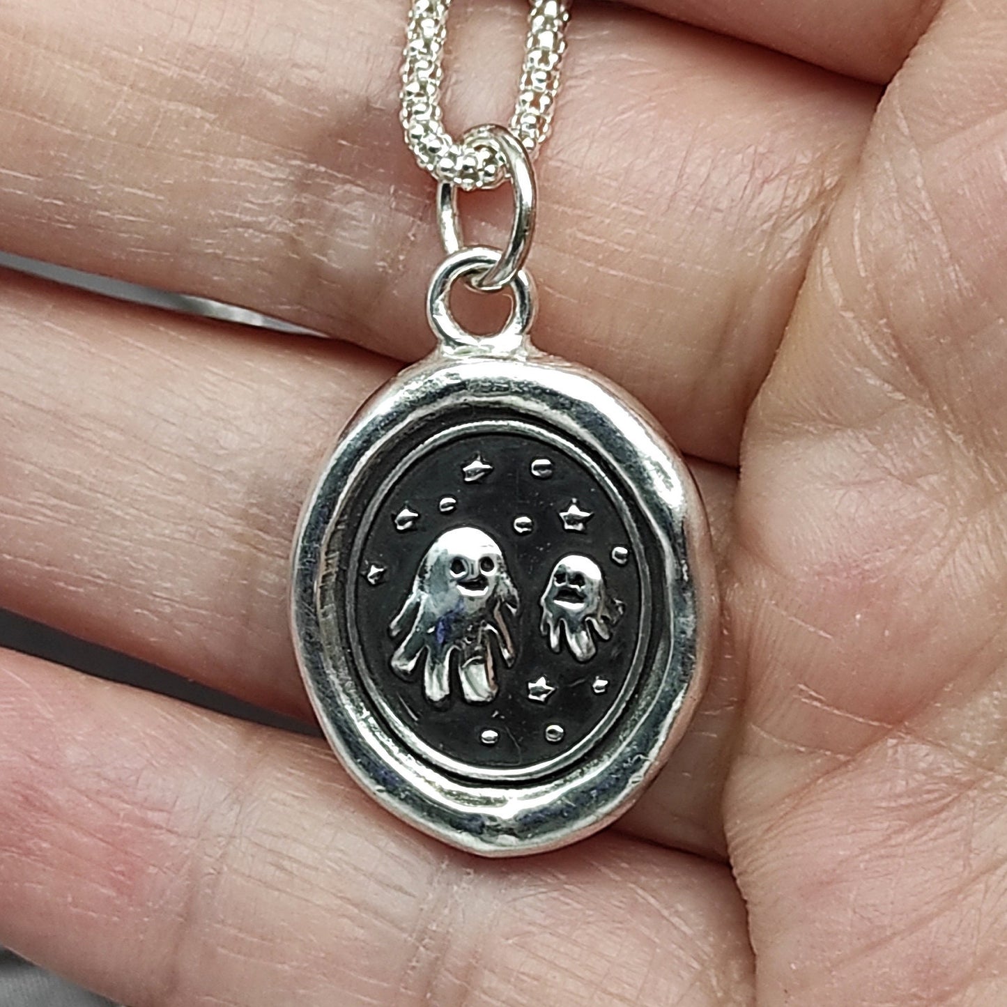 Spooky Ghost Pendant, Wax Seal Halloween Necklace, Handmade Silver Charm, Intaglio Seal Heirloom, Original Design Liliane Ting LT070