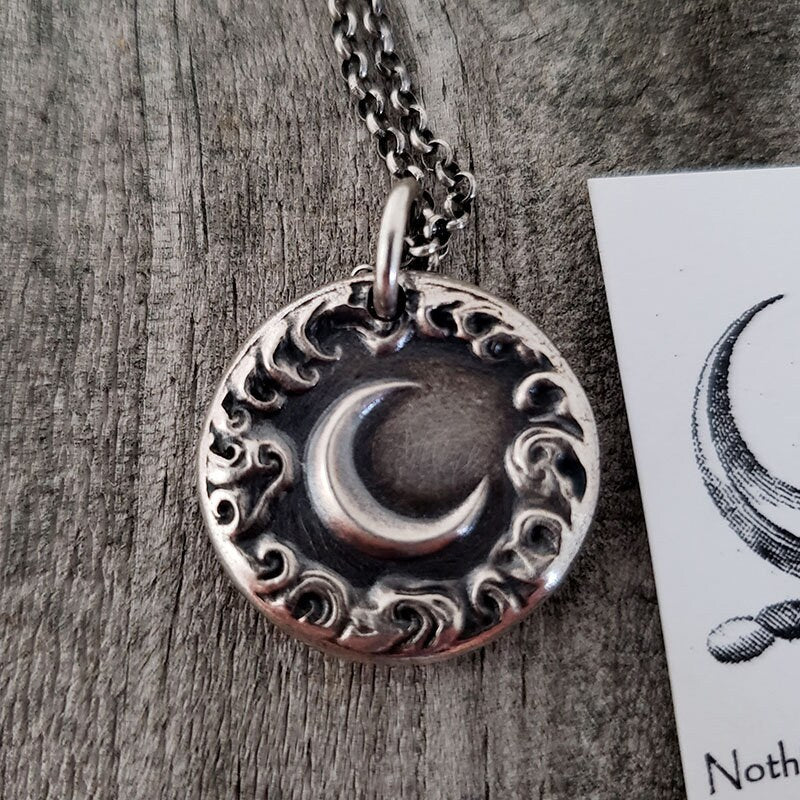 Silver Crescent New Moon Pendant, Handmade Silver Charm, Cloud Wax Seal Necklace, Intaglio Seal Heirloom Original Design LilianeTing LT050