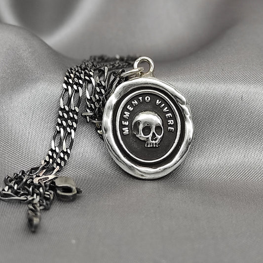 Skull Memento Wax Seal Necklace Pendant, Handmade Silver Talisman, Intaglio Seal Heirloom, Original Design Liliane Ting Studio LT029