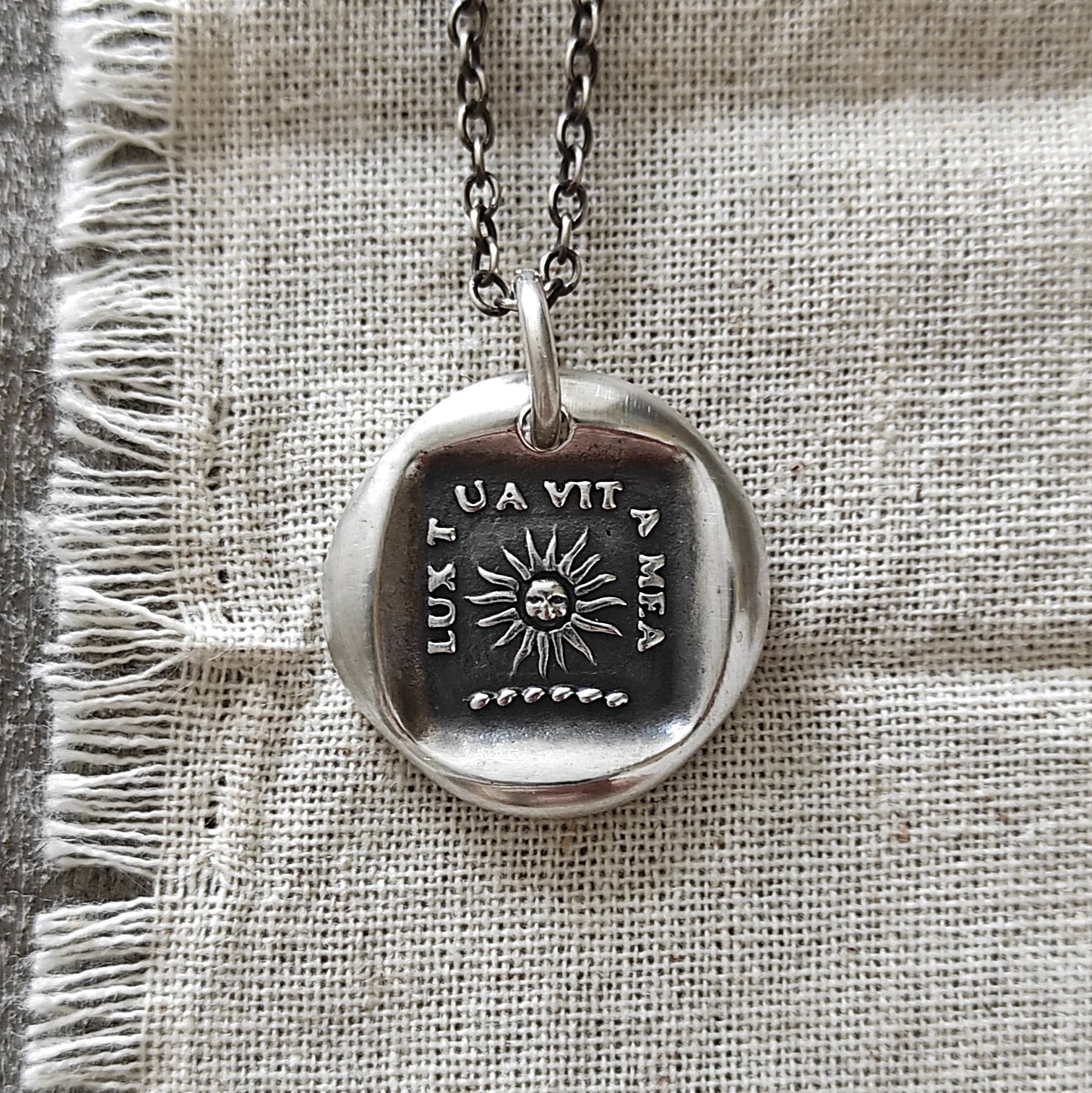 Silver Sun Pendant, Wax Seal Necklace, Handmade Silver Charm, Intaglio Seal Heirloom Original Design by Liliane Ting LT058