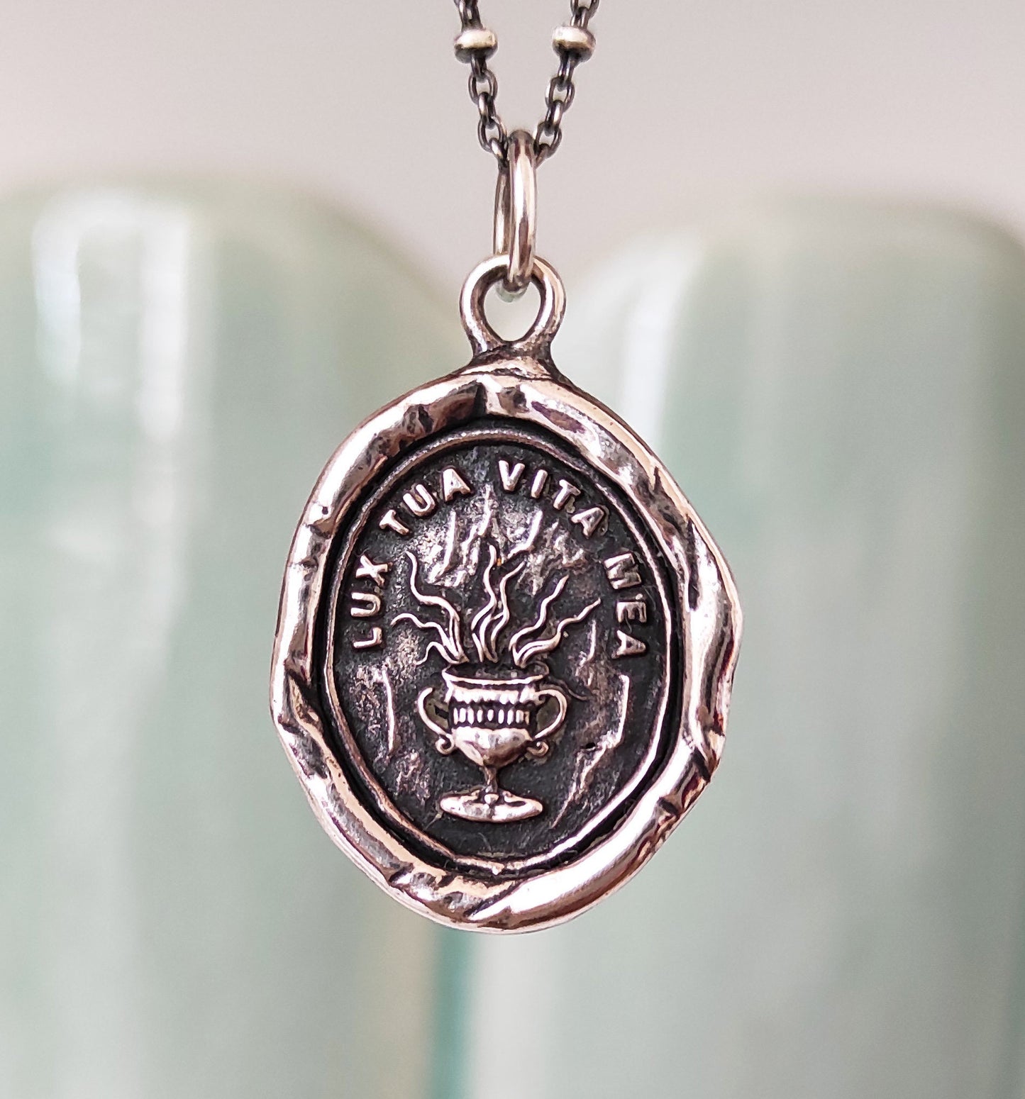 Goblet Fire Flame Wax Seal Necklace Pendant, Handmade Silver Talisman, Intaglio Seal Heirloom Original Design by Liliane Ting LT017