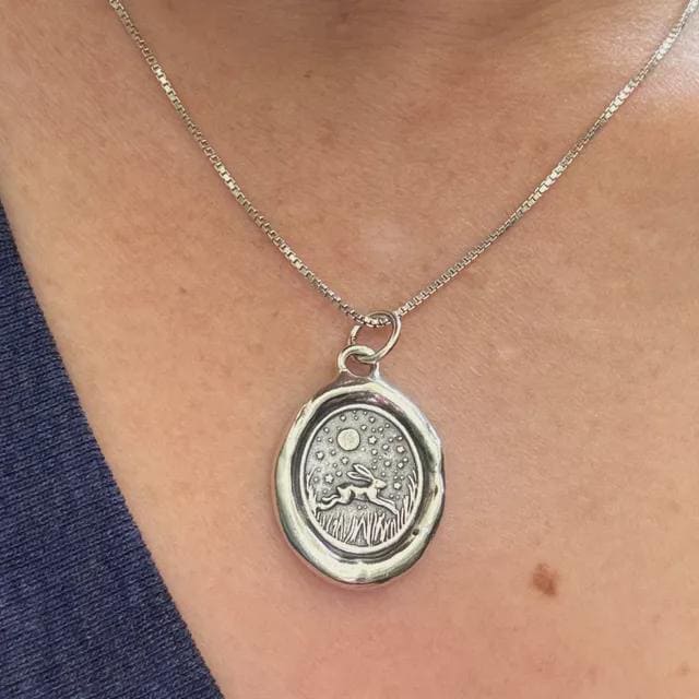 Rabbit Bunny Celestial Star Night Wax Seal Necklace Pendant, Handmade Silver Talisman, Intaglio Seal Heirloom, Original Design Liliane Ting