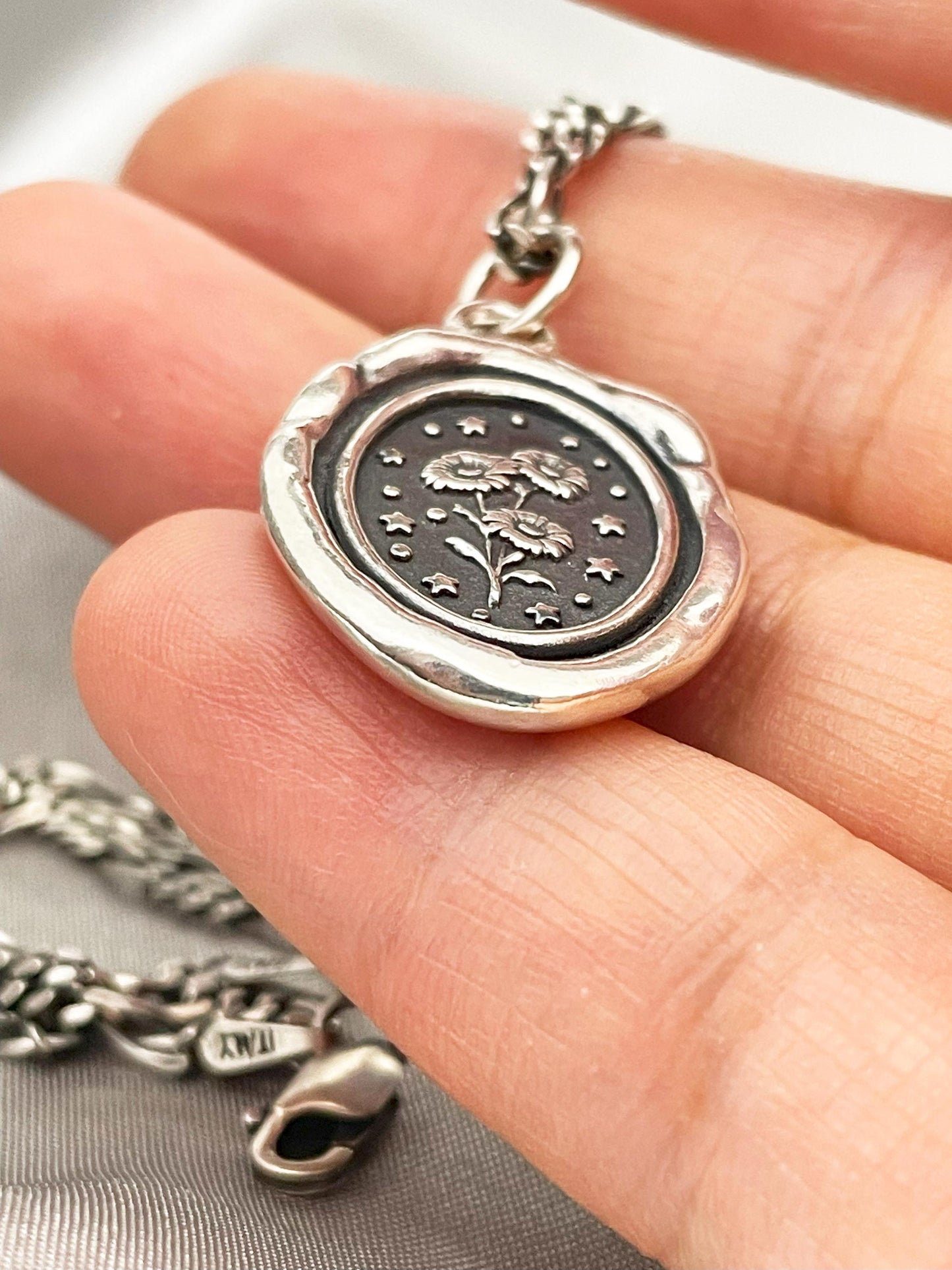Daisy Flower Necklace, Celestial Star Wax Seal Pendant, Handmade Silver Talisman, Intaglio Seal Heirloom, Original Design LT089