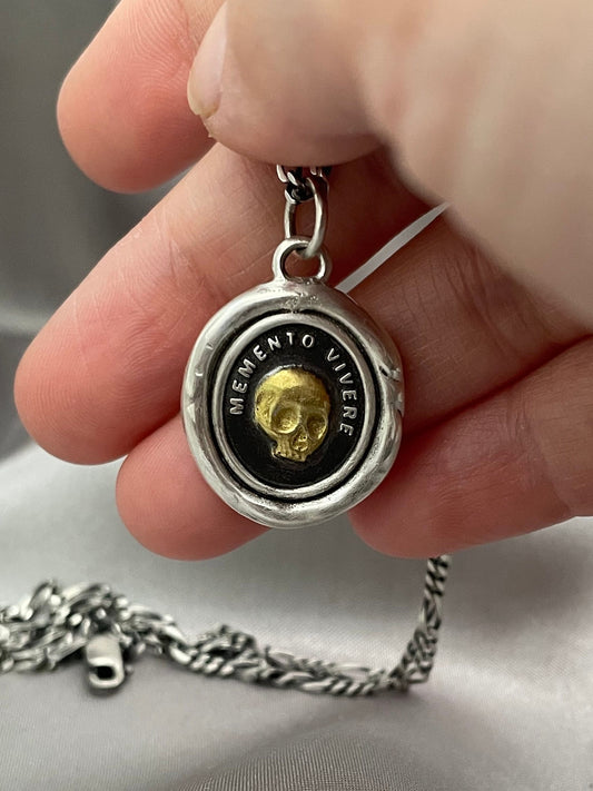 Skull Pendant, Wax Seal Necklace , 22K Gold Overlay Fine Silver, Handmade, Intaglio Seal Heirloom, Original Design Liliane Ting Studio LT081