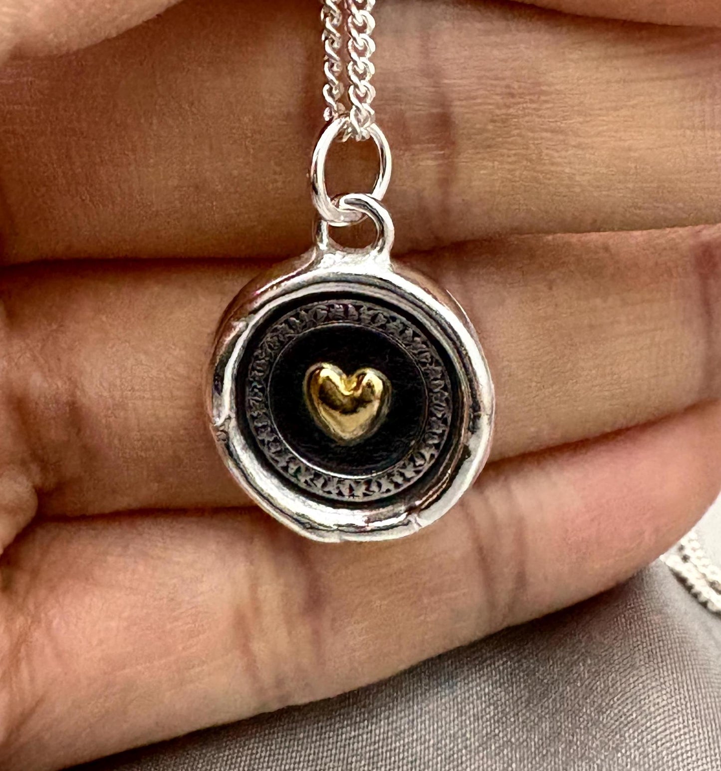 Romantic Heart Pendant Wax Seal Love Necklace, 22K Gold Overlay Fine Silver, Handmade, Intaglio Seal Heirloom, Original Design Liliane Ting