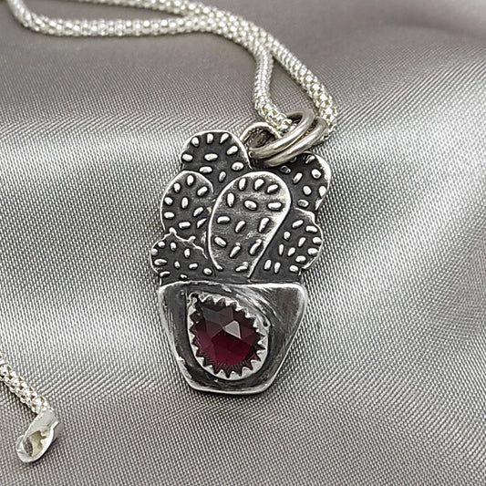 Cactus Garnet Natural Gemstone Necklace Pendant, Handmade Silver Talisman, Original Design Liliane Ting Studio